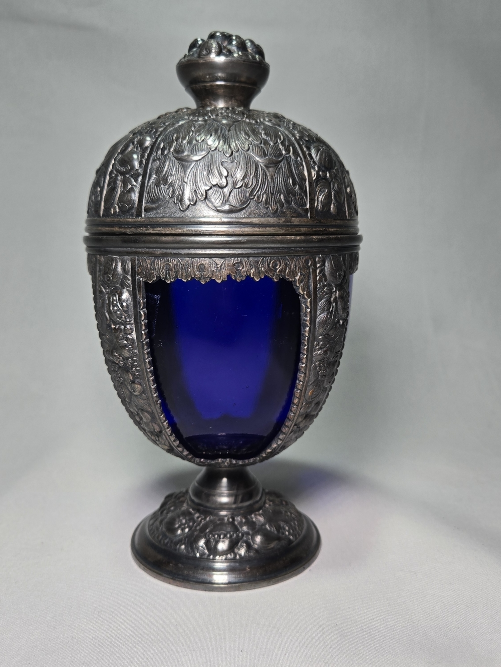 Vintage Metal Cobalt Blue Glass Chalice MCM Art Deco Victorian Gothic Ornate
